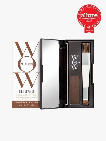 Color Wow Root Cover Up compact of brown root coverage powder on light gray background with red Allure Best of Beauty Hall of Fame seal in the top right corner