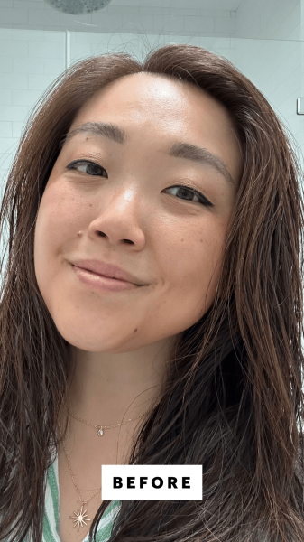 Lee before applying the Kosas Cloud Set Setting Powder